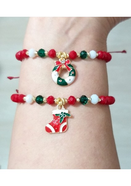 İki Adet Yılbaşı Kartlı Noel Süslü Kristal Boncuklu Yeni Yıl Bileklik indirimleri