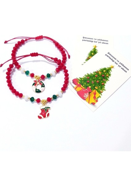 İki Adet Yılbaşı Kartlı Noel Süslü Kristal Boncuklu Yeni Yıl Bileklik
