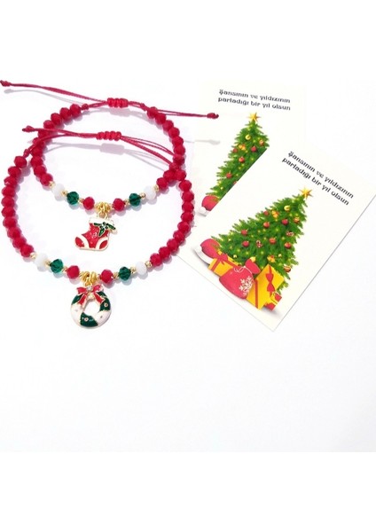 İki Adet Yılbaşı Kartlı Noel Süslü Kristal Boncuklu Yeni Yıl Bileklik