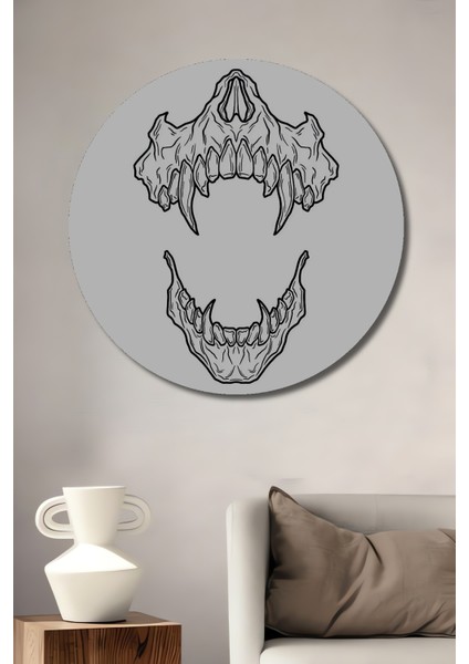 Kara Kalem Görünümlü Ahşap Dekoratif Tablo Kurt Dişleri Sanat Eseri Yuvarlak Tablo