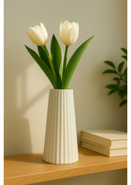 Modern Beyaz Seramik Vazo – El Yapımı Çizgili Beton Vazo – Minimalist Ev & Banyo Dekoru (17.8×7.7 cm) indirimleri