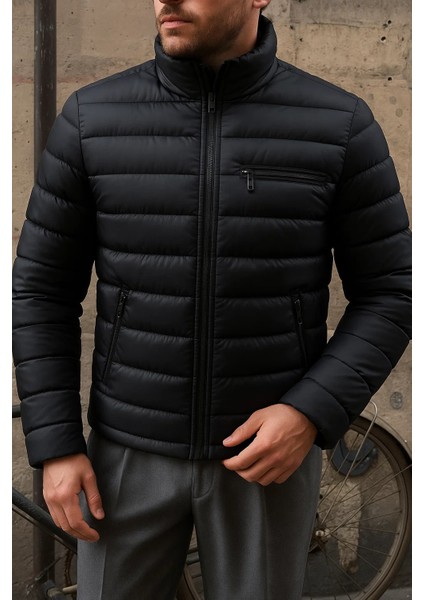 Erkek Kışlık Slim Fit Günlük Siyah Şişme Mont