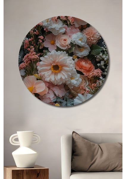 Pastel Pembe Şakayik Gül Buketi Yağlı Boya Görünümlü Ahşap Dekoratif Tablo Yuvarlak Tablo