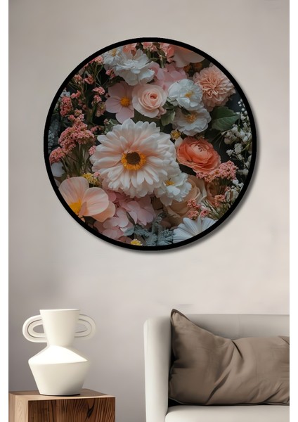 Pastel Pembe Şakayik Gül Buketi Yağlı Boya Görünümlü Ahşap Dekoratif Tablo Yuvarlak Tablo fiyatları