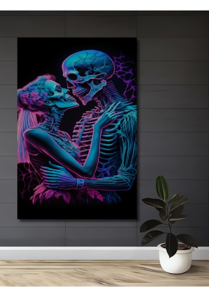 Neon Işıltılı Aşk Iskeletleri Yağlı Boya Görünümlü Ahşap Dekroatif Tablo Dikdörtgen Tablo