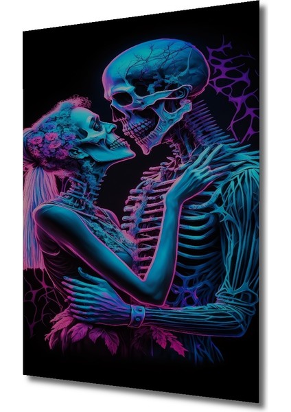 Neon Işıltılı Aşk Iskeletleri Yağlı Boya Görünümlü Ahşap Dekroatif Tablo Dikdörtgen Tablo modelleri