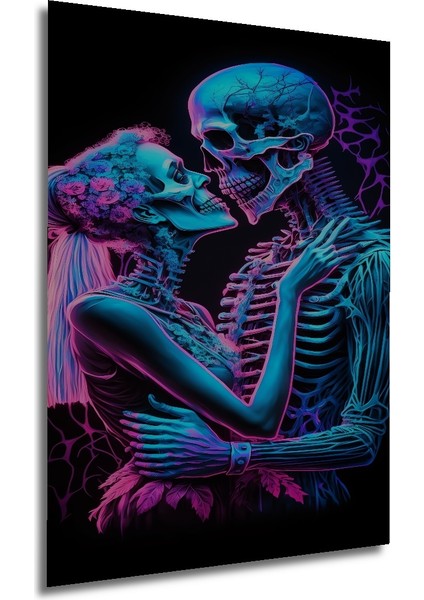 Neon Işıltılı Aşk Iskeletleri Yağlı Boya Görünümlü Ahşap Dekroatif Tablo Dikdörtgen Tablo fırsatları