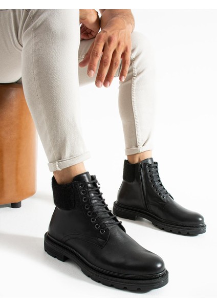 Erkek Siyah Hakiki Deri-Boğaz Detaylı Kışlık Bot
