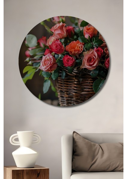 Gül Bahçesi Yağlı Boya Görünümlü Ahşap Dekoratif Tablo Yuvarlak Tablo