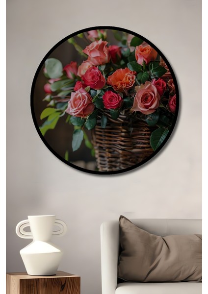 Gül Bahçesi Yağlı Boya Görünümlü Ahşap Dekoratif Tablo Yuvarlak Tablo fiyatları