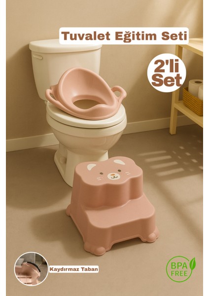 2'li Tuvalet Eğitim Seti - Basamaklı Çocuk Taburesi ve Kulplu Klozet Adaptörü