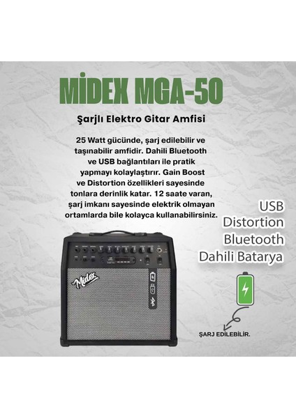 Mga-50-Pak Elektro Gitar Amfisi 50 Watt USB Bluetooth Şarjlı 4 Girişli (Mikrofon Kulaklık Stand Kablo) fiyatları