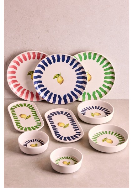 Limone 14 Parça 6 Kişilik Seramik Kahvaltı Seti Limon Desenli Stackable Sunum Tabağı fırsatları
