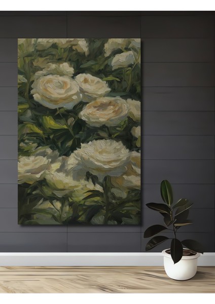 Beyaz Gül Yağlı Boya Görünümlü Ahşap Dekoratif Tablo Dikdörtgen Tablo