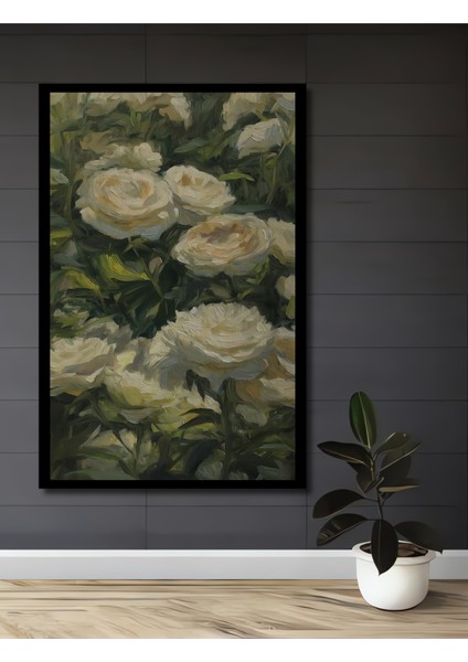 Beyaz Gül Yağlı Boya Görünümlü Ahşap Dekoratif Tablo Dikdörtgen Tablo fiyatları