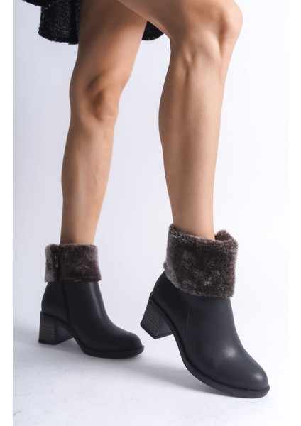 Katya Fermuarlı Ortopedik Taban Topuklu Kürk Detaylı Cilt Kadın Bot St Siyah fırsatları