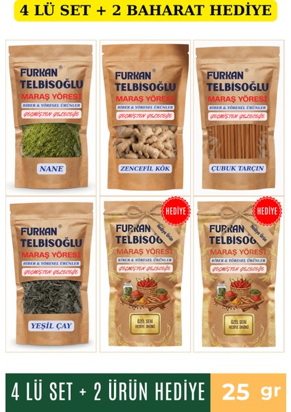 Zencefil Kök 25GR + Organik Çubuk Tarçın 25GR + Nane 25GR + Yeşil Çay 25GR+ 2 Baharat Hediye
