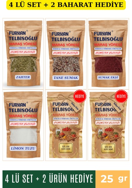 Sumak Ekşi Toz 25GR + Zahter 25GR + Tane Sumak 25GR + Limon Tuzu 25GR + 2 Baharat Hediye