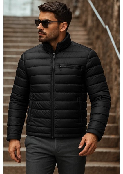 Erkek Kışlık Basic Dik Yaka Fermuarlı Siyah Şişme Mont