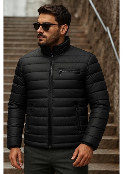 Erkek Kışlık Basic Dik Yaka Fermuarlı Siyah Şişme Mont fiyatları