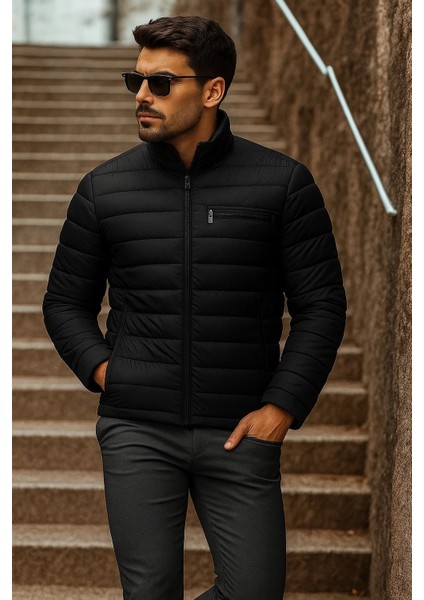 Erkek Kışlık Basic Dik Yaka Fermuarlı Siyah Şişme Mont modelleri