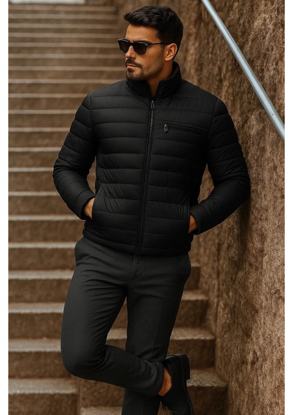 Erkek Kışlık Basic Dik Yaka Fermuarlı Siyah Şişme Mont fırsatları