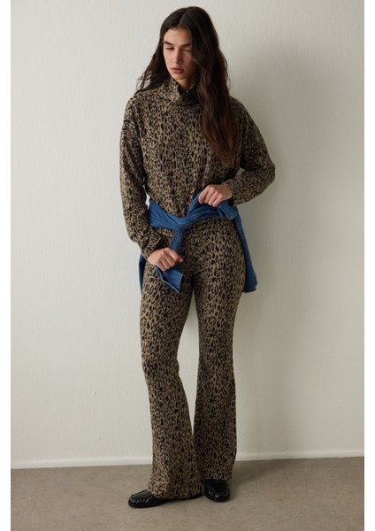 Leopar Desenli Yüksek Bel İspanyol Paça Pantolon