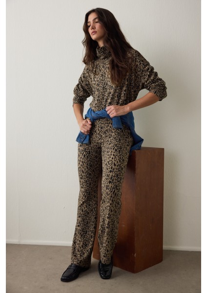 Leopar Desenli Yüksek Bel İspanyol Paça Pantolon