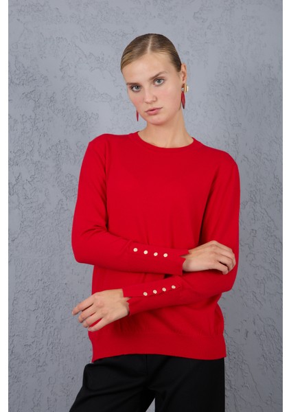 Kadın Kırmızı Çıtçıtlı Kollu Bisiklet Yaka Triko Bluz