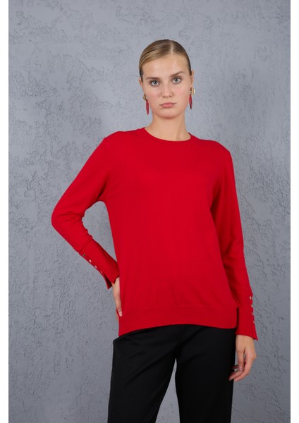 Kadın Kırmızı Çıtçıtlı Kollu Bisiklet Yaka Triko Bluz fiyatları