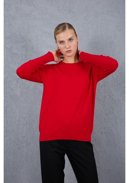 Kadın Kırmızı Çıtçıtlı Kollu Bisiklet Yaka Triko Bluz modelleri