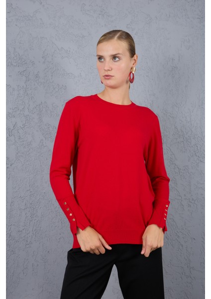 Kadın Kırmızı Çıtçıtlı Kollu Bisiklet Yaka Triko Bluz fırsatları