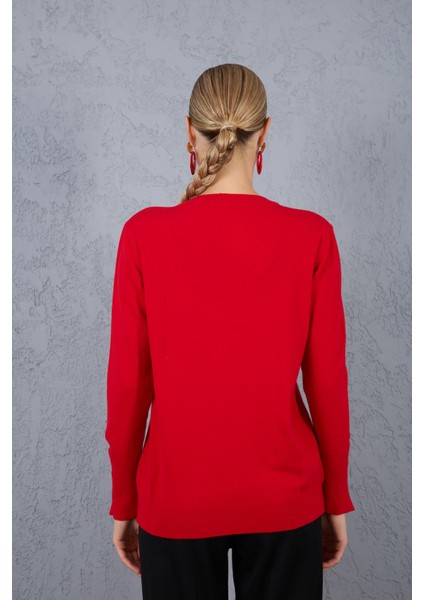 Kadın Kırmızı Çıtçıtlı Kollu Bisiklet Yaka Triko Bluz indirimleri