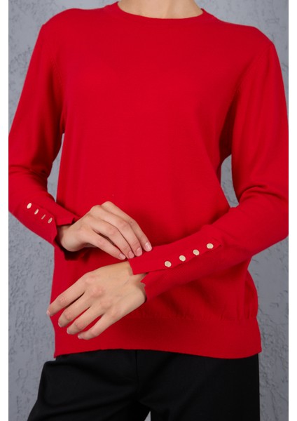 Kadın Kırmızı Çıtçıtlı Kollu Bisiklet Yaka Triko Bluz
