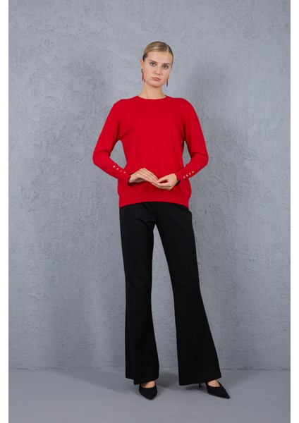 Kadın Kırmızı Çıtçıtlı Kollu Bisiklet Yaka Triko Bluz