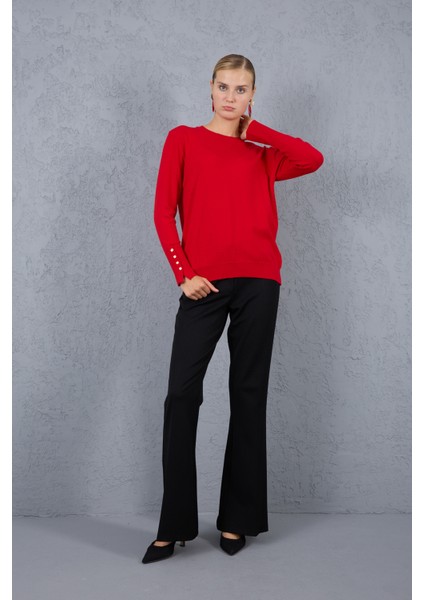 Kadın Kırmızı Çıtçıtlı Kollu Bisiklet Yaka Triko Bluz