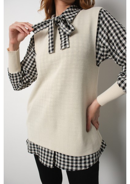 Kadın Ekru Fitilli Triko Süveter ve Kareli Gömlek Ikili Kombin modelleri