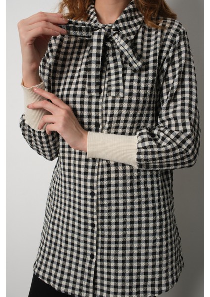 Kadın Ekru Fitilli Triko Süveter ve Kareli Gömlek Ikili Kombin fırsatları