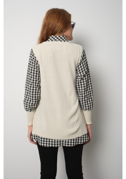 Kadın Ekru Fitilli Triko Süveter ve Kareli Gömlek Ikili Kombin indirimleri