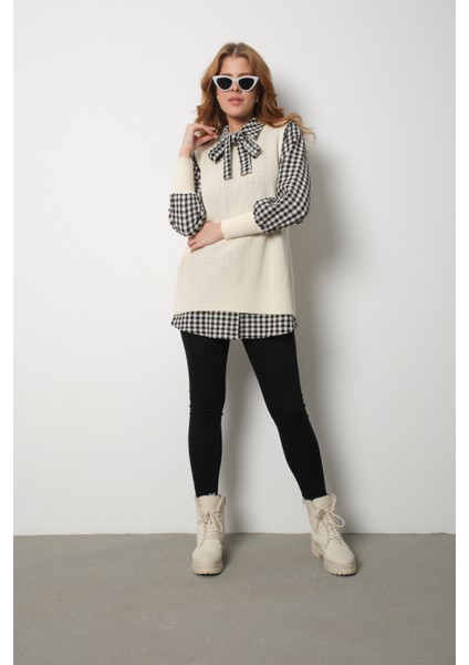 Kadın Ekru Fitilli Triko Süveter ve Kareli Gömlek Ikili Kombin