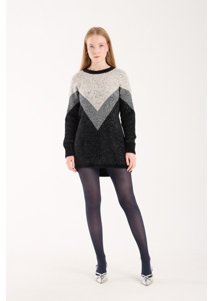 Kadın Siyah Simli Sakal Iplik Renk Bloklu Bisiklet Yaka Triko Kazak