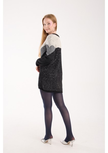 Kadın Siyah Simli Sakal Iplik Renk Bloklu Bisiklet Yaka Triko Kazak fiyatları