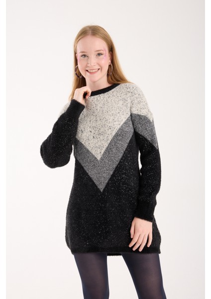 Kadın Siyah Simli Sakal Iplik Renk Bloklu Bisiklet Yaka Triko Kazak modelleri