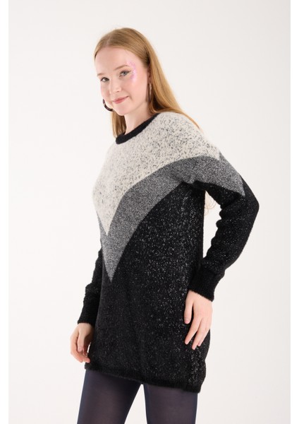 Kadın Siyah Simli Sakal Iplik Renk Bloklu Bisiklet Yaka Triko Kazak fırsatları