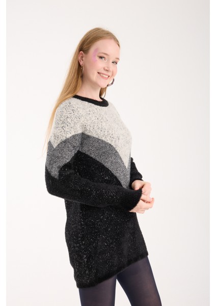 Kadın Siyah Simli Sakal Iplik Renk Bloklu Bisiklet Yaka Triko Kazak indirimleri