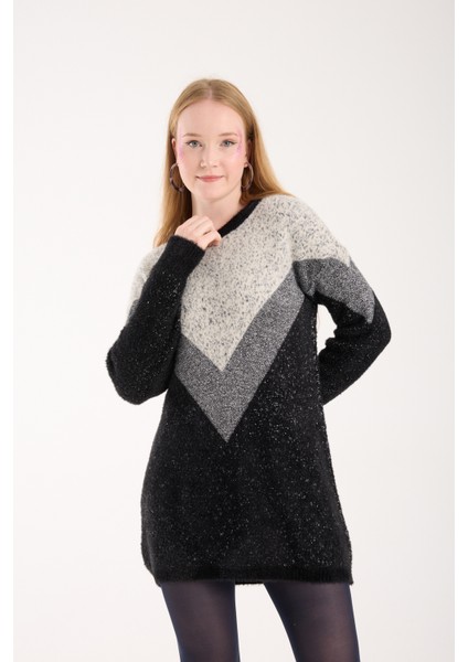 Kadın Siyah Simli Sakal Iplik Renk Bloklu Bisiklet Yaka Triko Kazak