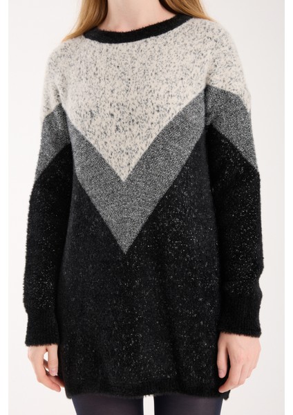 Kadın Siyah Simli Sakal Iplik Renk Bloklu Bisiklet Yaka Triko Kazak