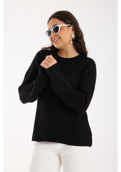 Kadın Siyah Selanik Örgü Reglan Kollu Bisiklet Yaka Simli Triko Kazak