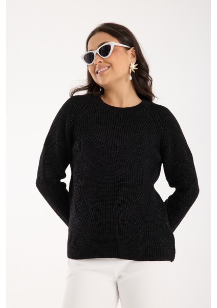 Kadın Siyah Selanik Örgü Reglan Kollu Bisiklet Yaka Simli Triko Kazak fiyatları