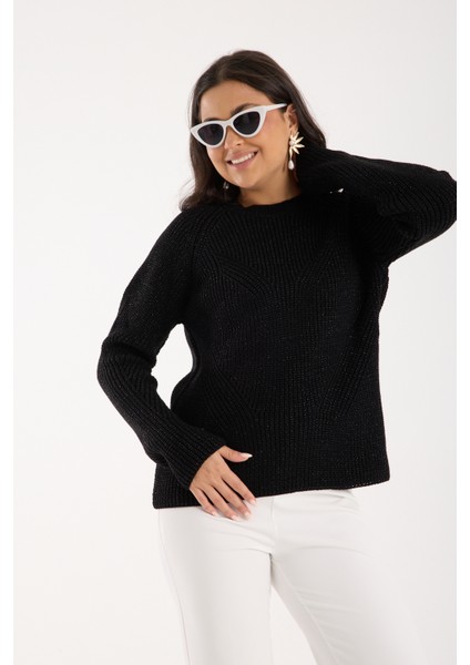 Kadın Siyah Selanik Örgü Reglan Kollu Bisiklet Yaka Simli Triko Kazak modelleri